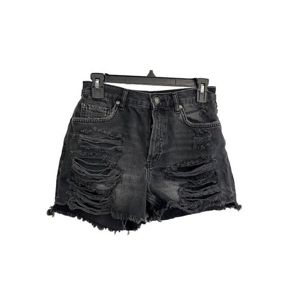 We The Free Distressed High Waist Denim Shorts Women 25 Black Wash Button Fly - Picture 2 of 15